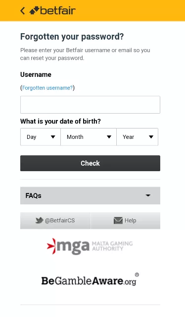 password forgotten form Betfair